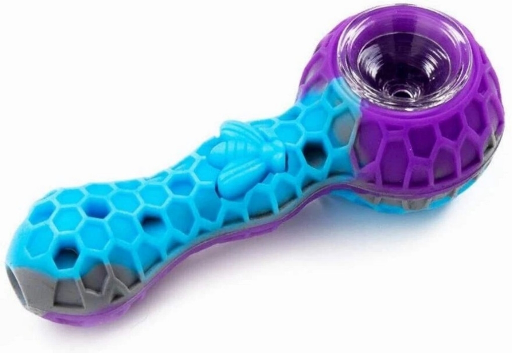 2 Pcs (Blue+Black) SILICONE PIPE 4.3" W/ GLASS BOWL -HoneyComb Bee