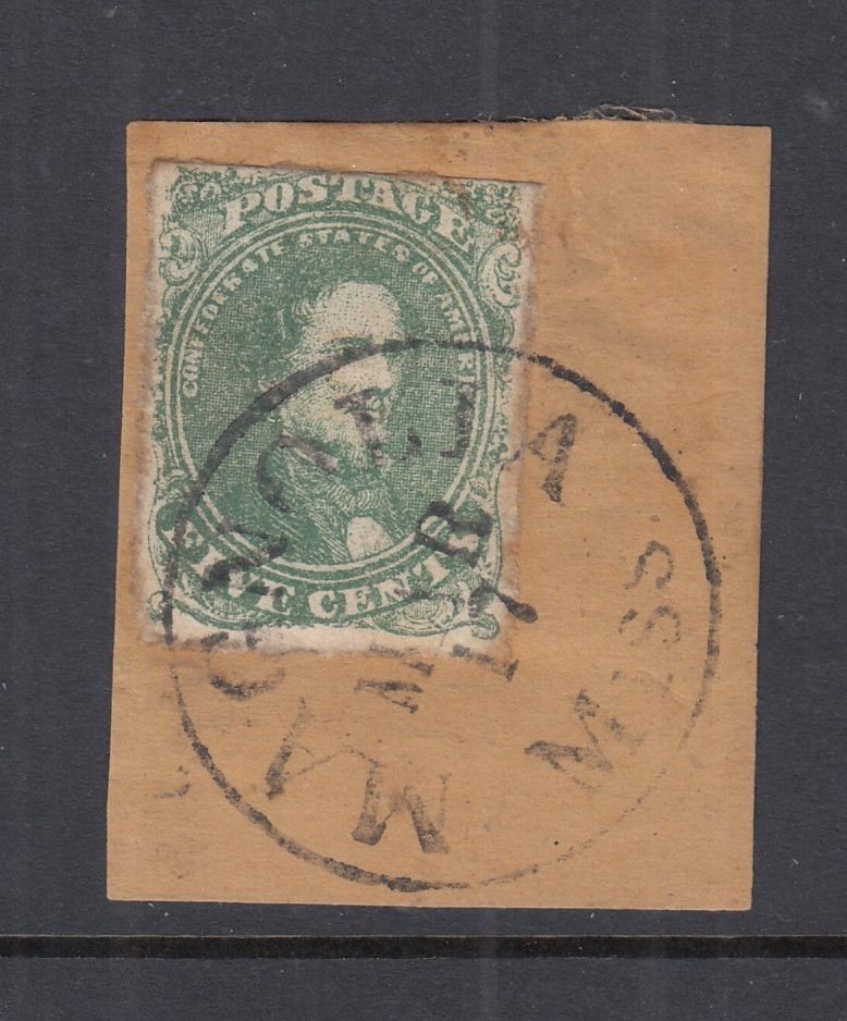 Confederate States #1 5c Jefferson Davis on piece (USED) cv$125.00