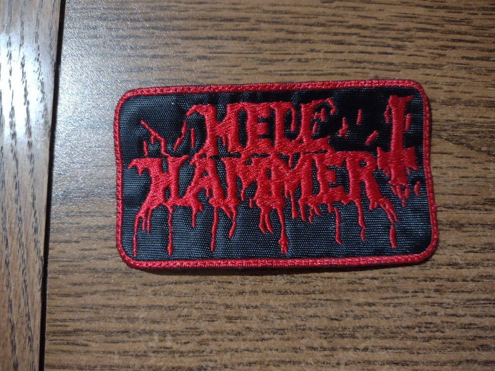 HELL HAMMER,SEW ON RED WITH RED BORDER EMBROIDERED PATCH