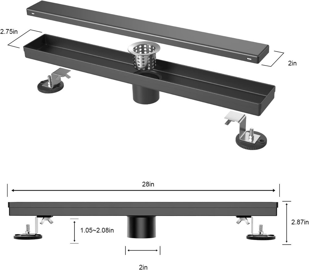 Linear Shower Drain 28 Inch Matte Black with Reversible Flat & Tile Insert Cover