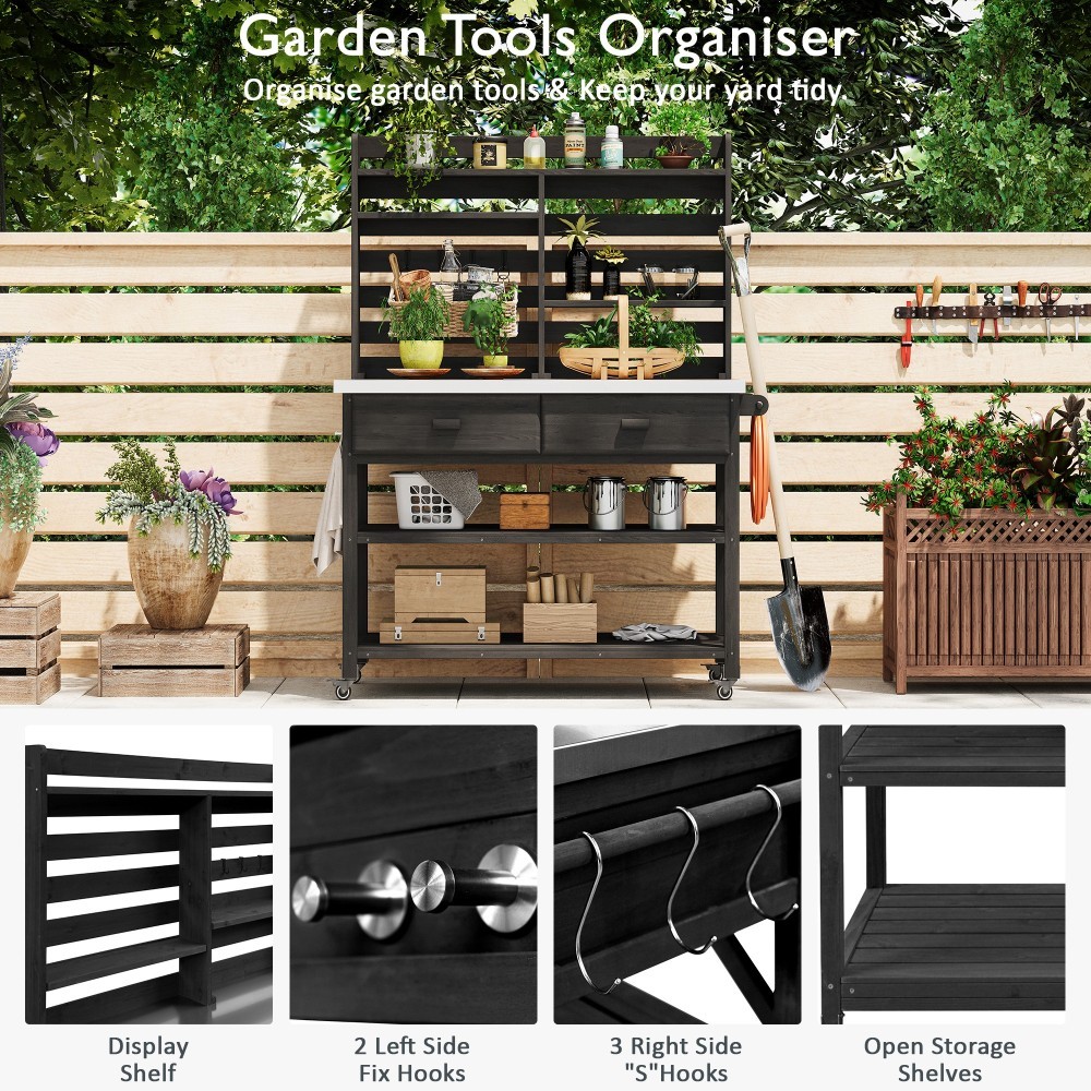 64.9"H Solid Wood Potting Bench Table w/ Lockable Wheels,Outdoor Kitchen Storage