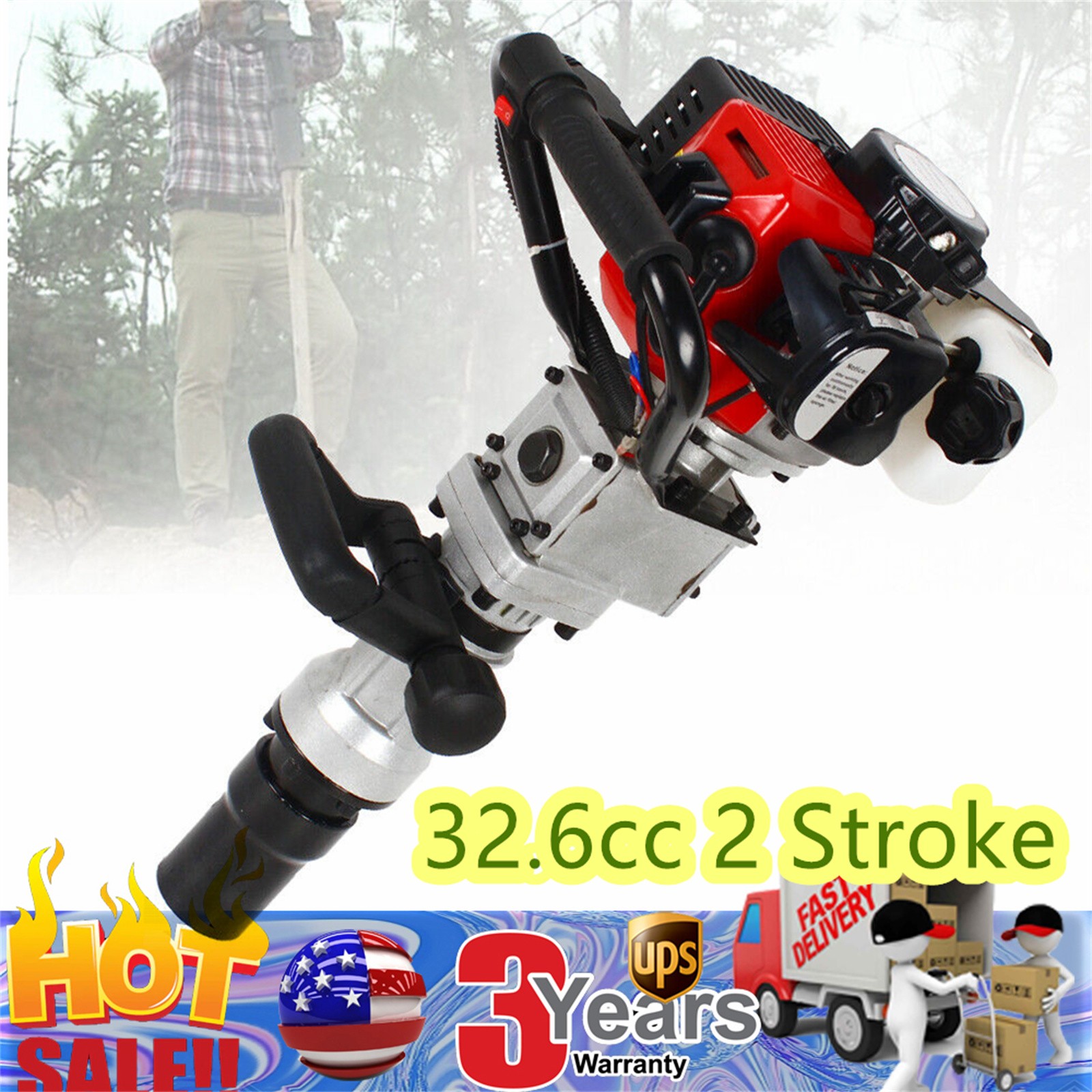 Gas Powered T-Post Driver 2-Stroke Gasoline Engine Fence Farm Push Pile Digger