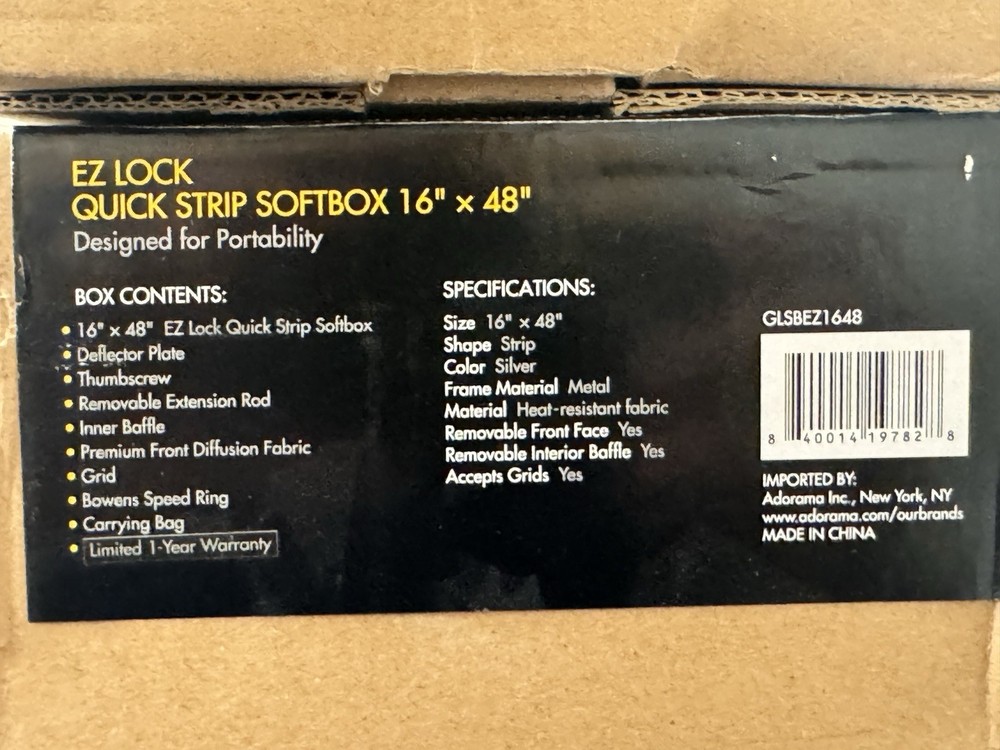 Brand New In Box Glow EZ Lock 16x48 Quick Strip Rectangular Bowens Mount Softbox