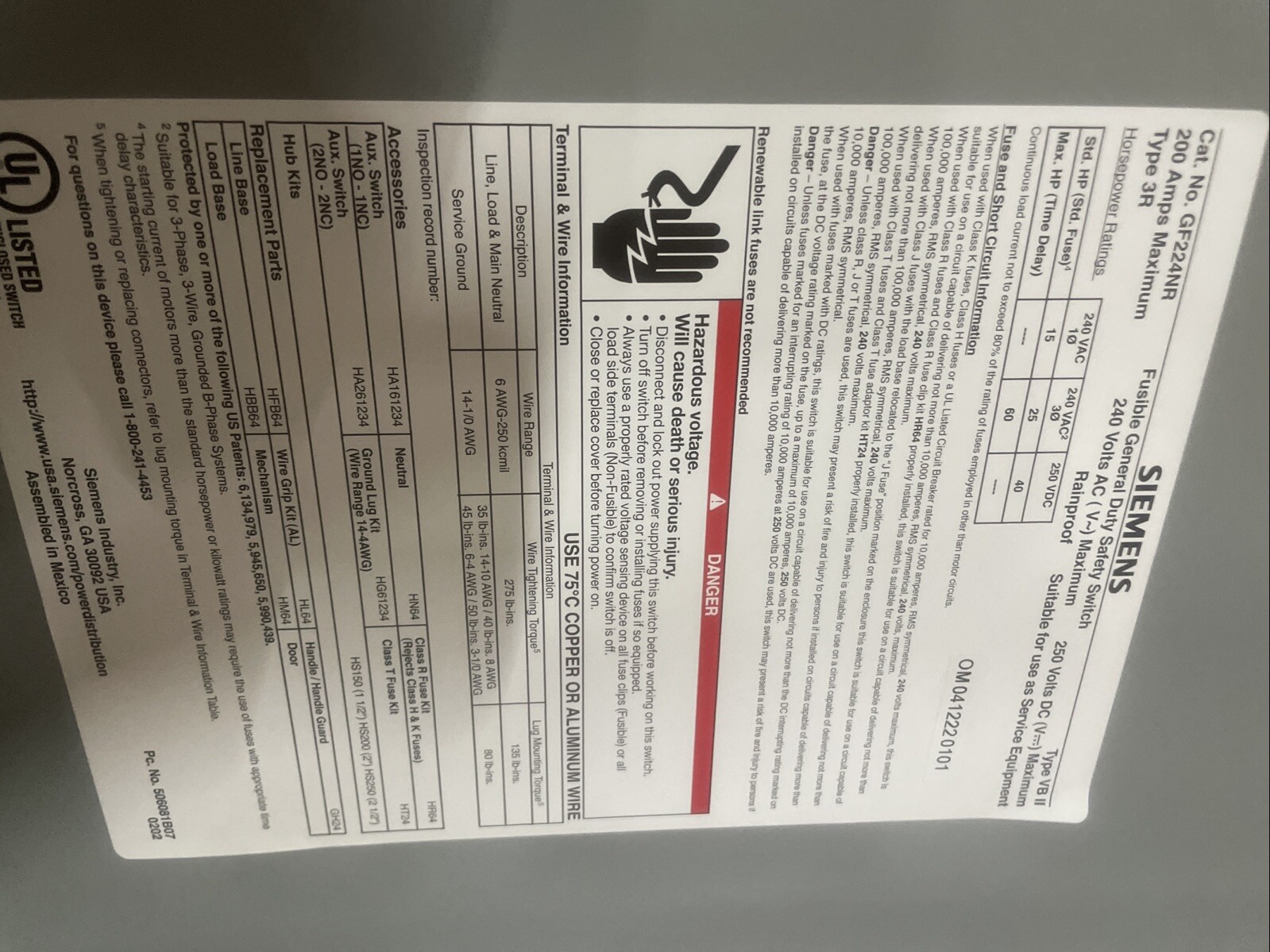 NEW Siemens GF224NR 200a 240v Fusible 3R Safety Switch New In Box