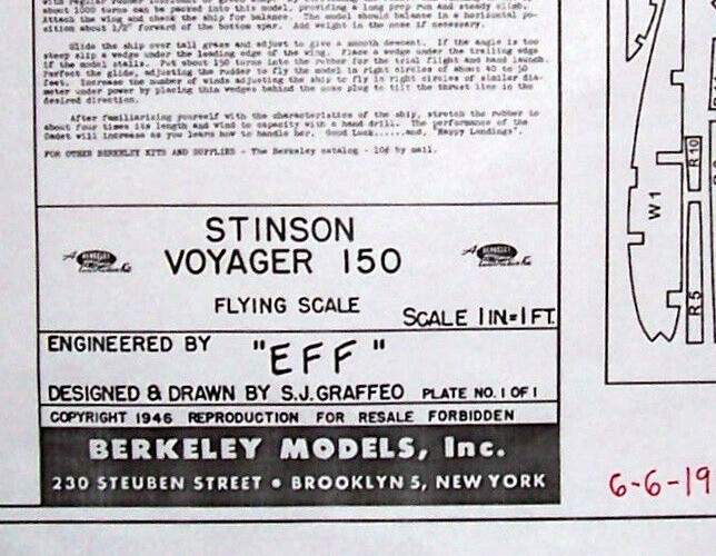 Berkeley STINSON VOYAGER PLAN + PARTS PATTERNS 34" FF / RC Scale Model Airplane