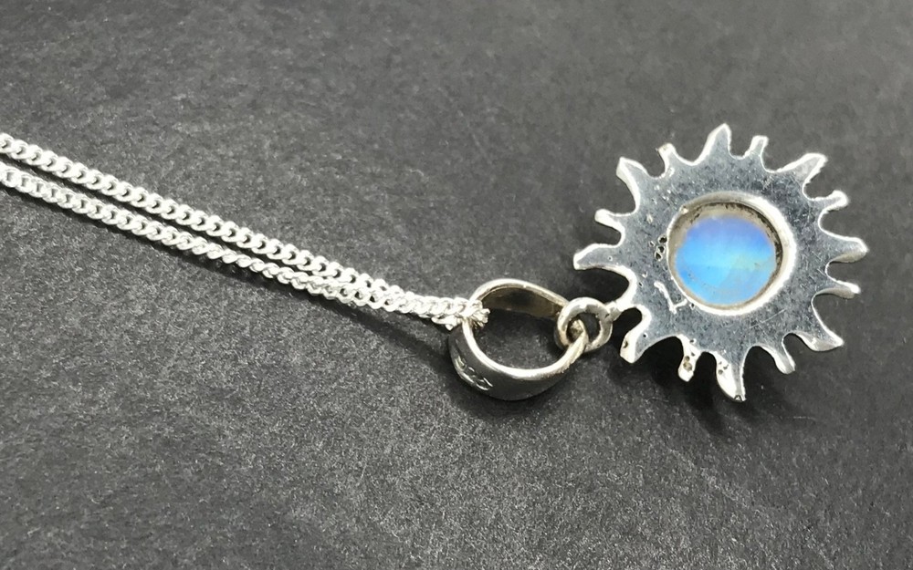 Rainbow moonstone pendant earrings set, solid Sterling silver, sun, gift box.