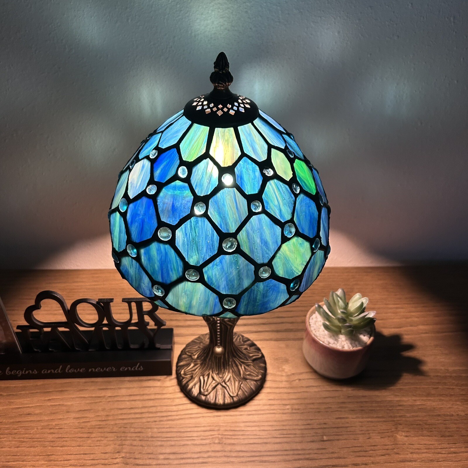 Tiffany Style Mini Table Lamp Blue Stained Glass Crystal Beans LED Bulb 14"H*8”W