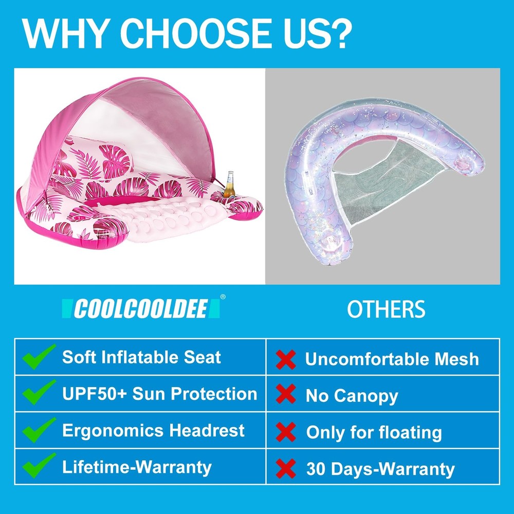 COOLCOOLDEE Pool Float with Canopy, Cup Holder XL Pool Chair Lounge Float wi...