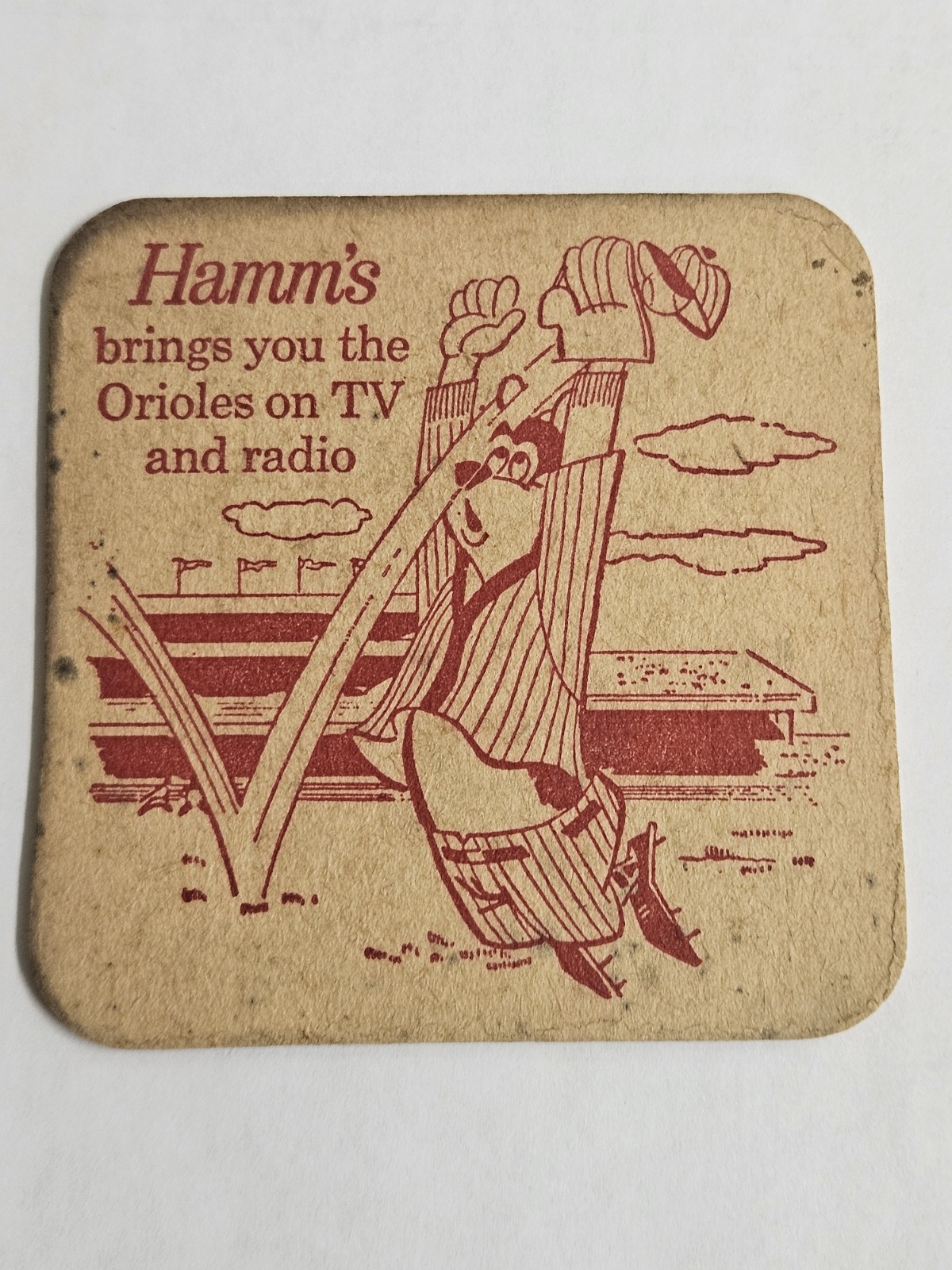 1962 Hamm’s Beer Coaster Baltimore Orioles Baseball TV Radio Bear & Bird Mascots