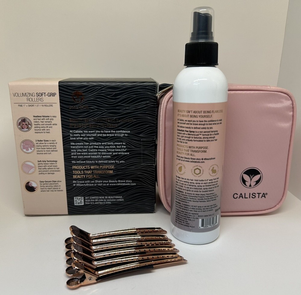 Calista Volumizing Self Grip Rollers Curlers Clips Case Short Pixie + Flex Spray