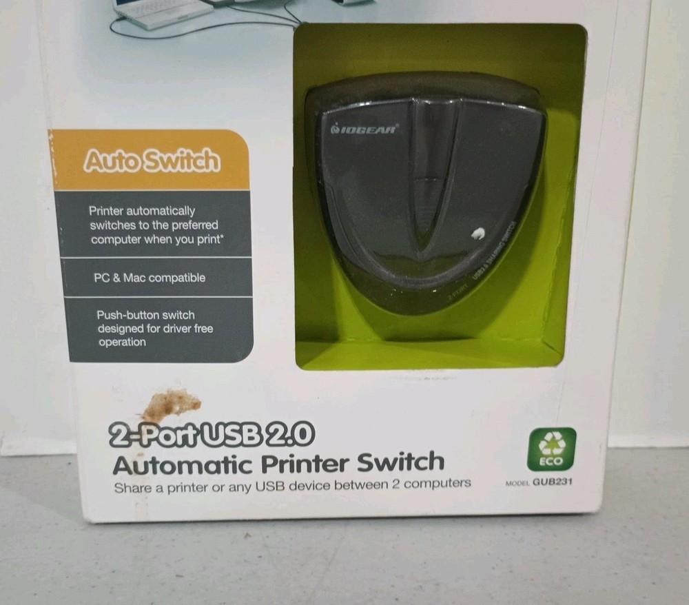 IOGear (GUB231) 2-Ports External USB 2.0 Automatic Printer Switch New Other