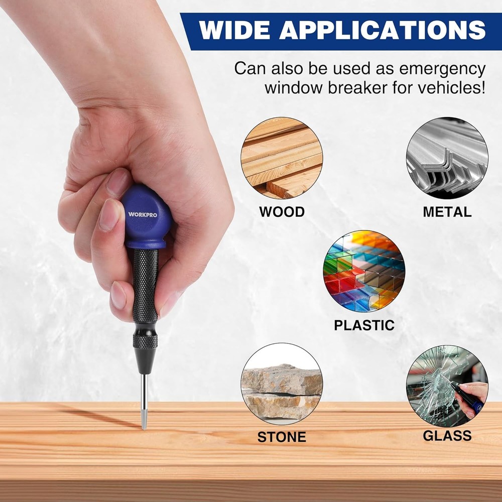 WORKPRO 2PCS Automatic Center Punch with an Extra Replacement Tip, Adjustable Sp