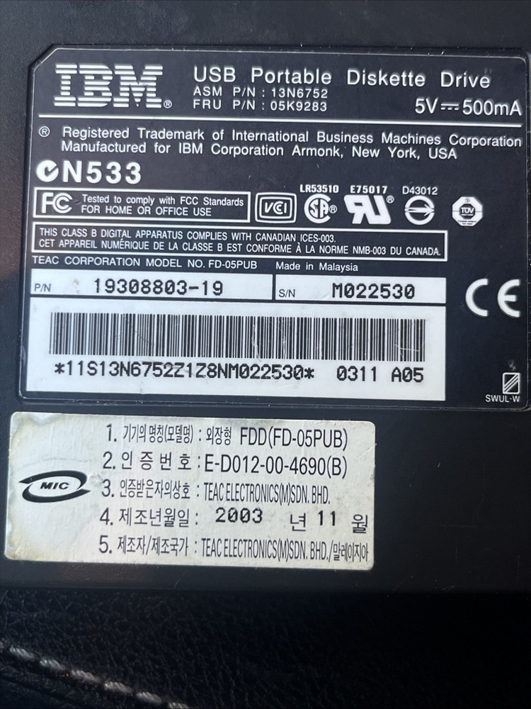 IBM USB Portable Diskette Drive Floppy Disk 3.5”