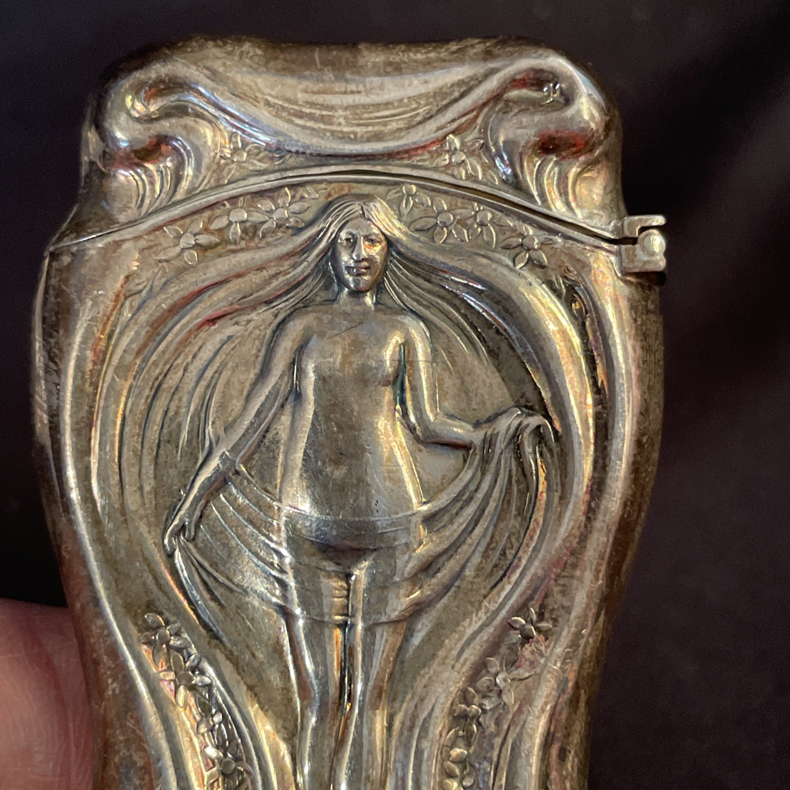 Wallace Sterling Silver Art Nouveau Match Safe Nude Woman Wing-Like Hair 1.5 oz.