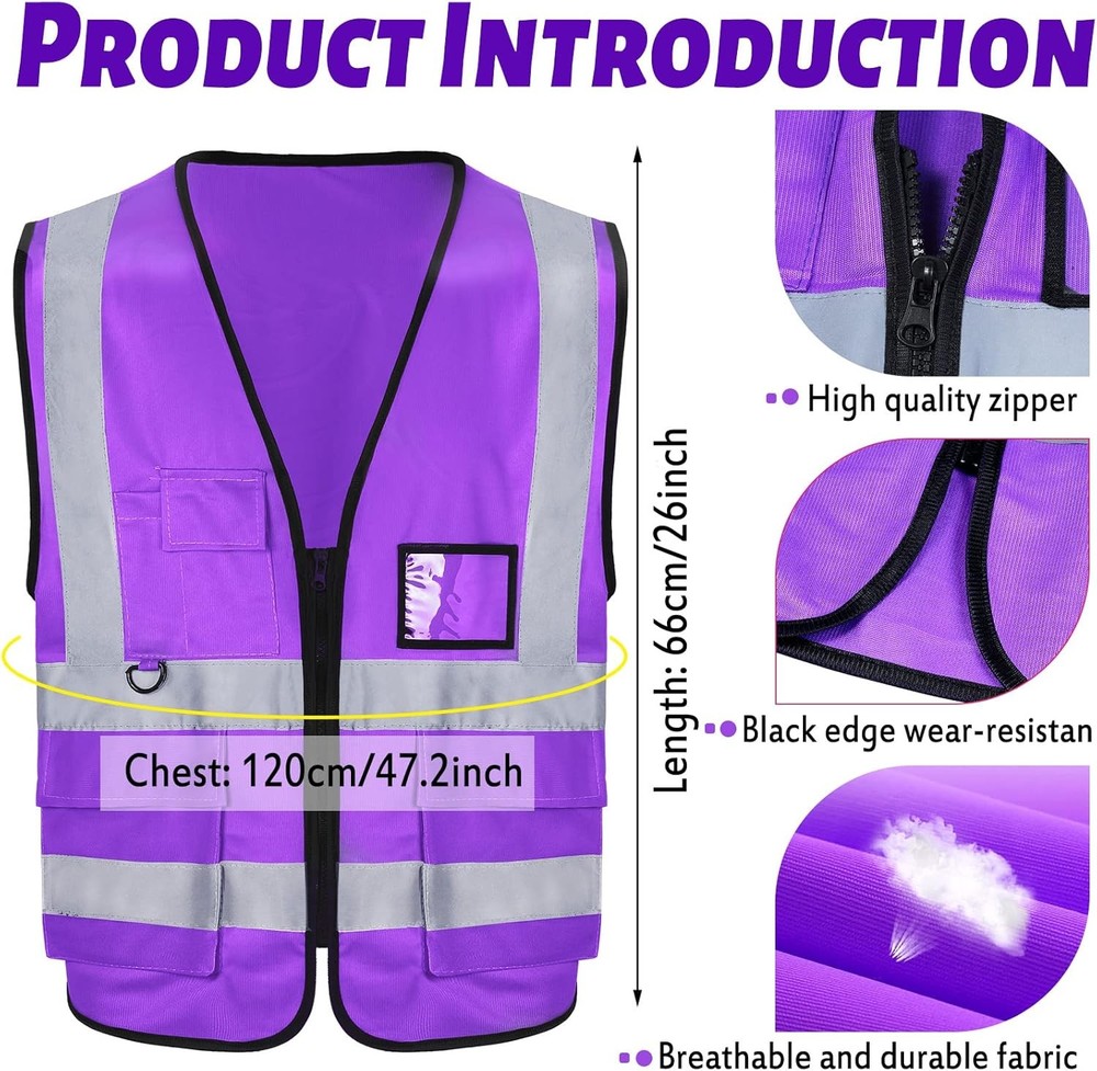 10 Pack Safety Vests High Visibility Reflective Strips for Work Purple