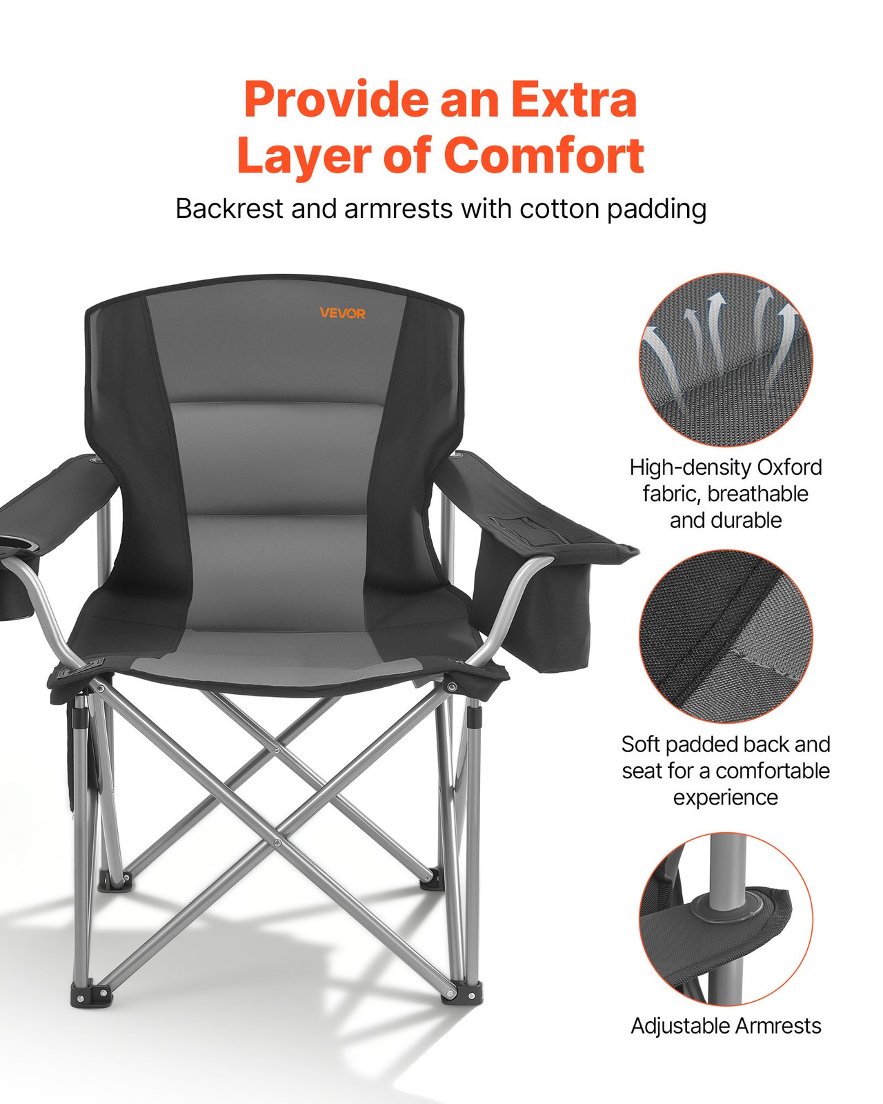 VEVOR Oversized Camping Chairs 450lbs Folding Chair Cup Holder Cooler Bag 2 Pack