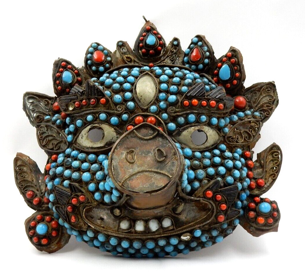 ANTIQUE HANDMADE MAHAKALA PIG FACE MASK ~ TIBETAN NEPALESE HINDU BUDDHIST MASK
