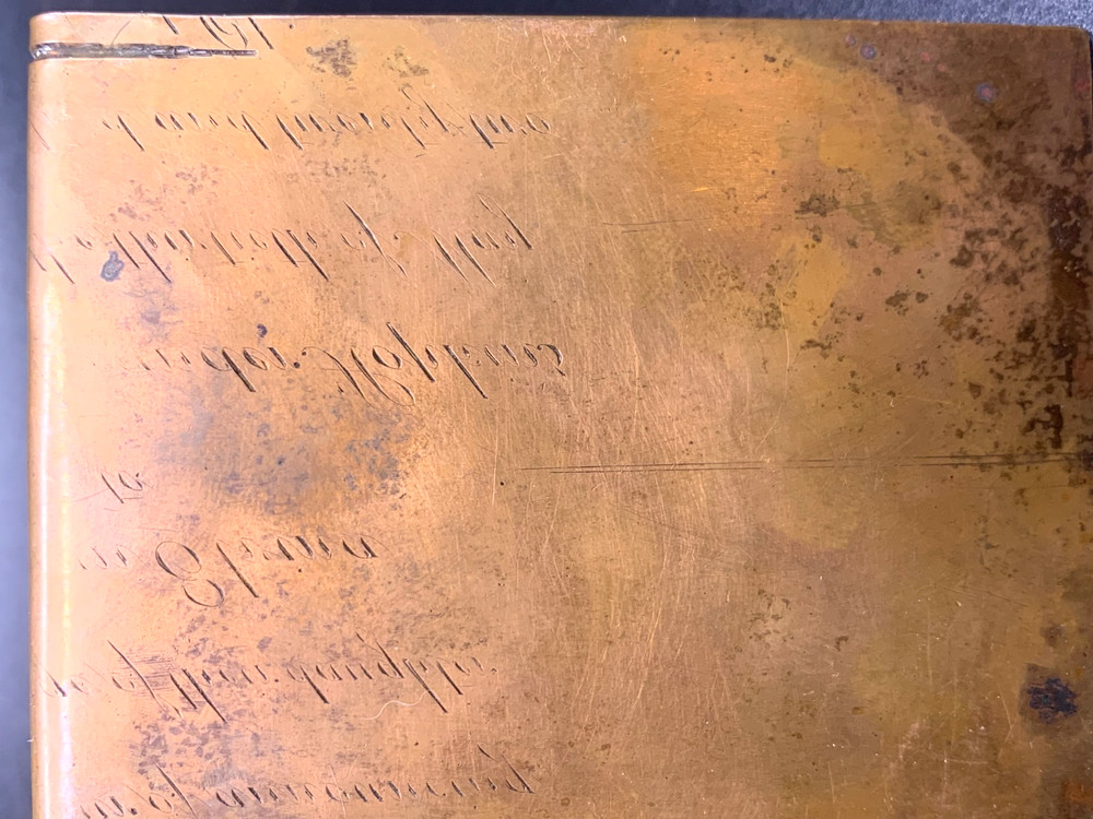 Antique Arts & Crafts copper small Sample Size Bookends on copper with script
