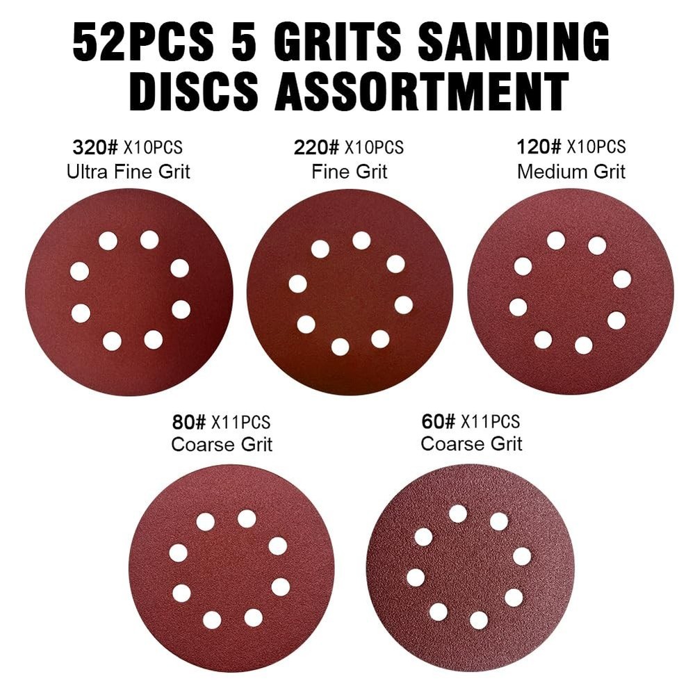 5" Sanding Discs 52 Pack 8 Hole Hook Loop Mixed Grit 60 80 120 320