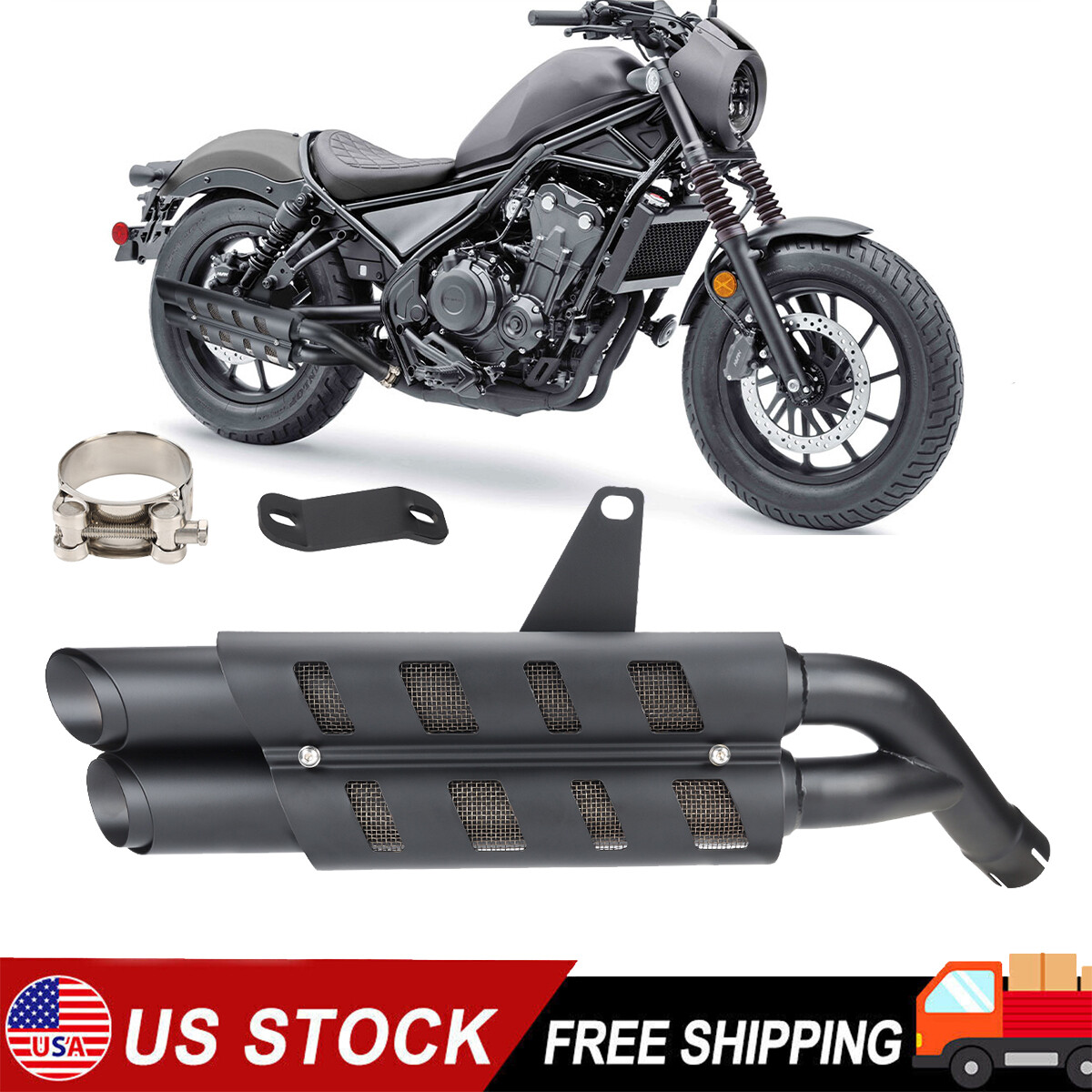 Exhaust Header Muffler Double End Pipe For Honda Rebel CMX300 CMX500 2017-2025