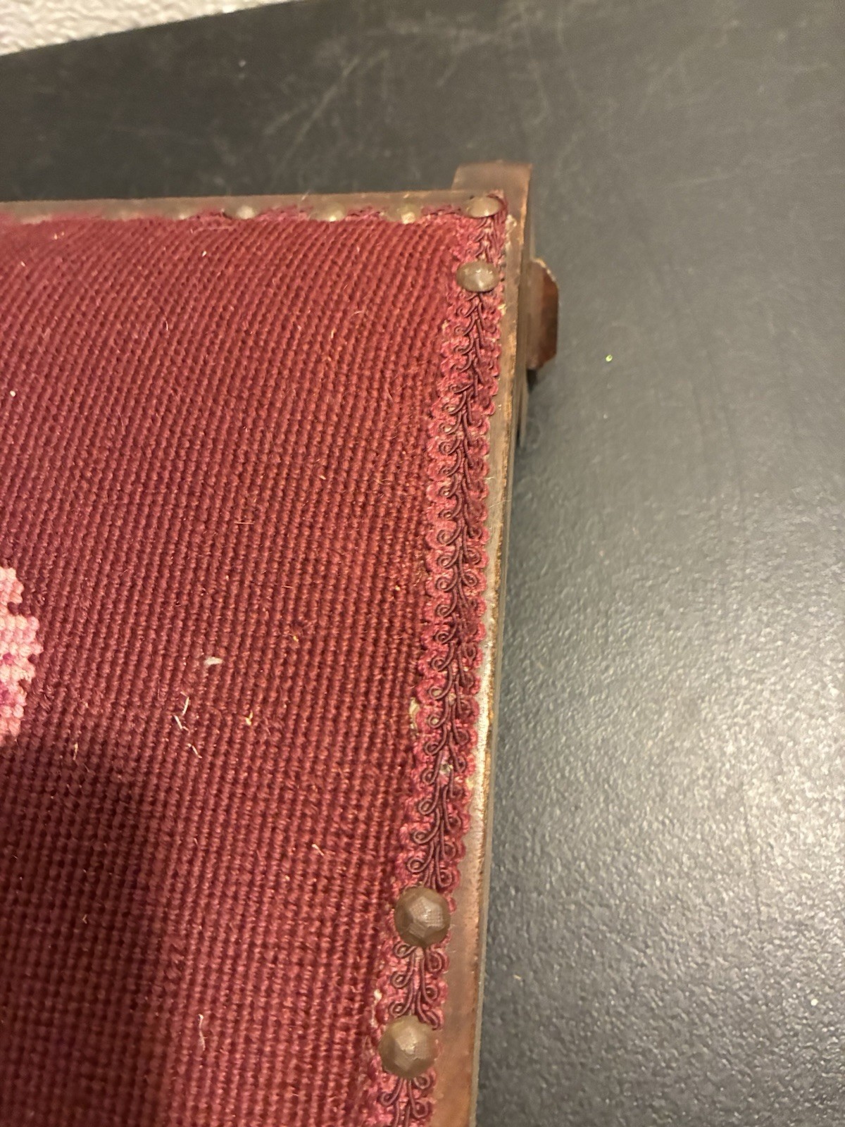 19th C. Antique Victorian Stud Accents Footstool Floral Needlepoint Carved Wood