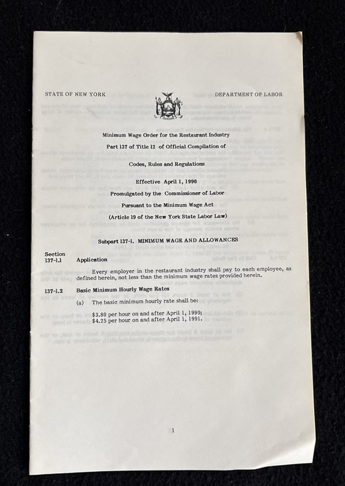 New York State Minimum Wage Order 1990 Restaurant Industry