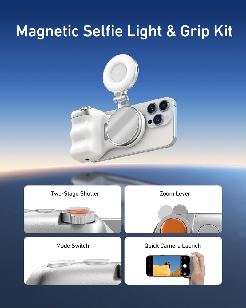Fun Shot Magnetic Phone Camera Grip + C03 Magnetic Selfie Light (Silver) Bundle