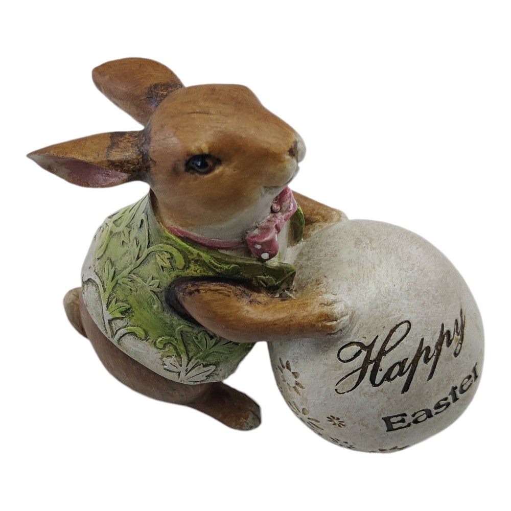 Resin Bunny Rabbit Figurine w Egg Happy Easter