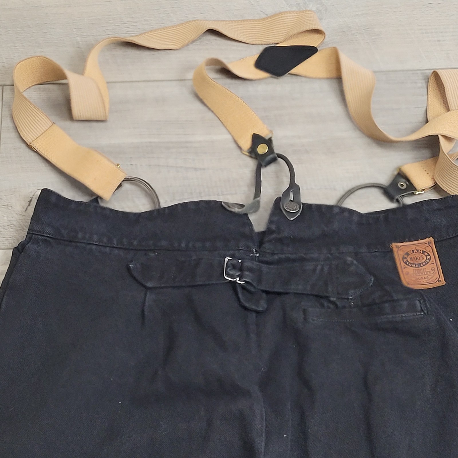 VTG Wah Maker Frontier Clothing Pants Mens 38 Black Denim Suspenders Button Fly