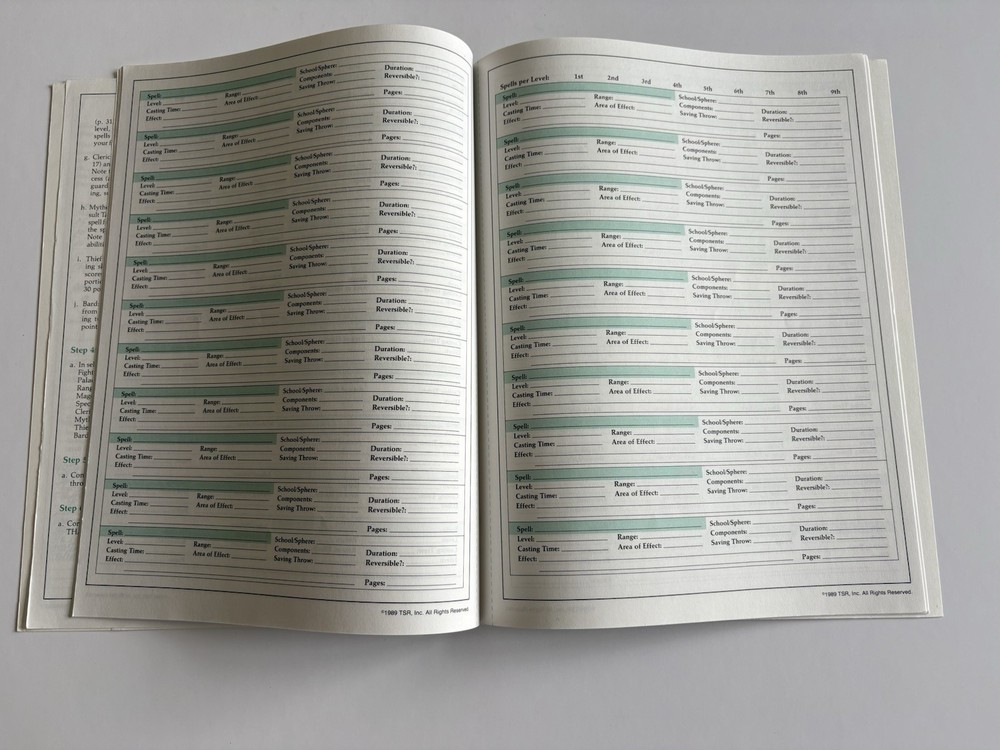 Advanced Dungeons and Dragons Character Record Sheets TSR 1989