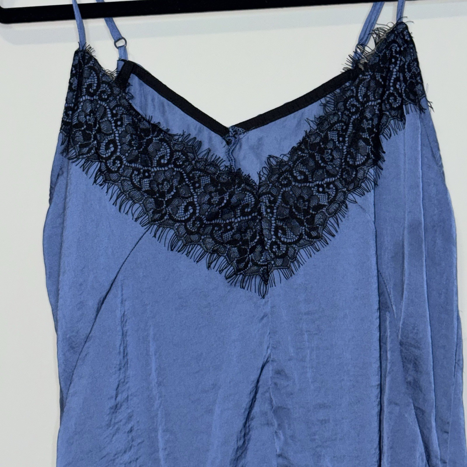 Vintage Blue Satin Camisole with Black Lace Trim