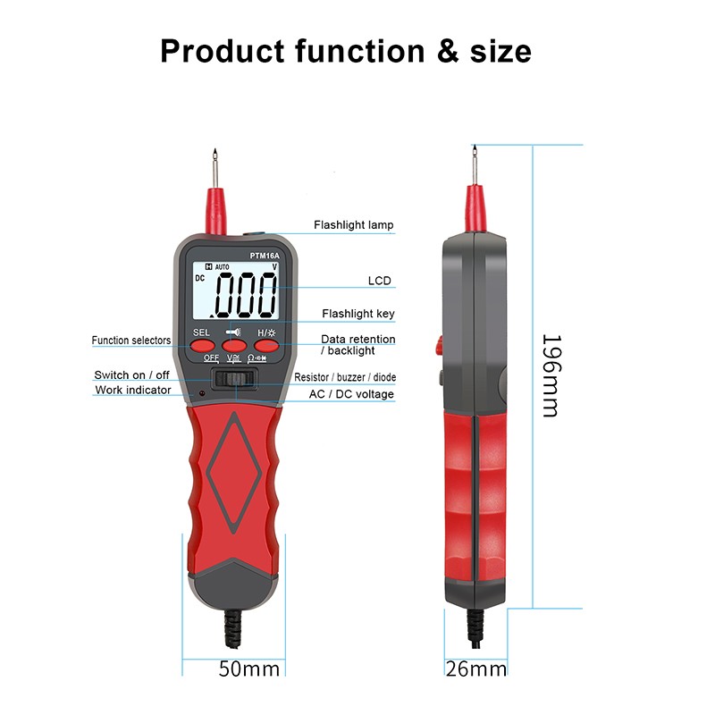 PTM16A Digital Multimeter 2000 Counts AC/DC LCD Voltage Resistance Tester