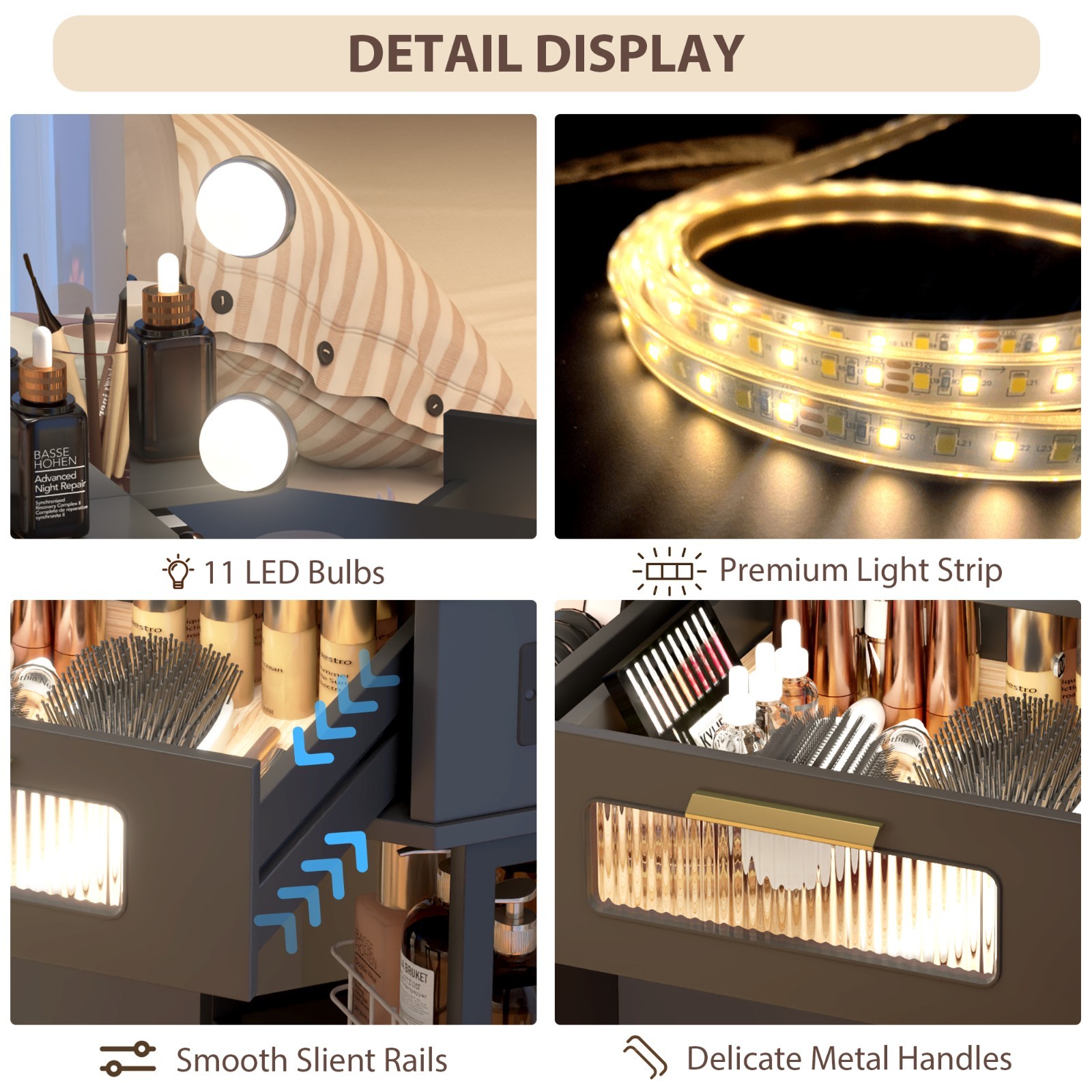 Corner Vanity Desk with Mirror and Lights, Makeup Table with Charging Station