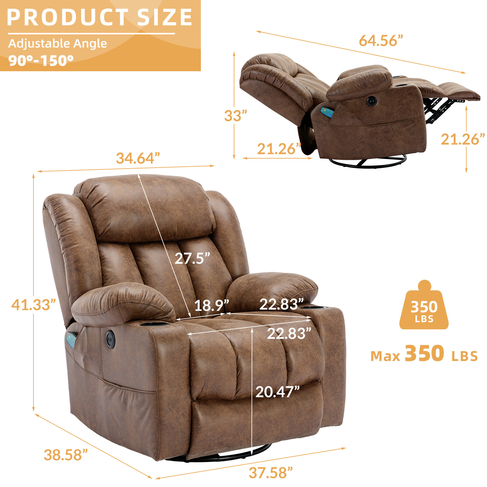 360° Swivel Overstuffed Manual Massage Glider Recliner with Heat and Vibration