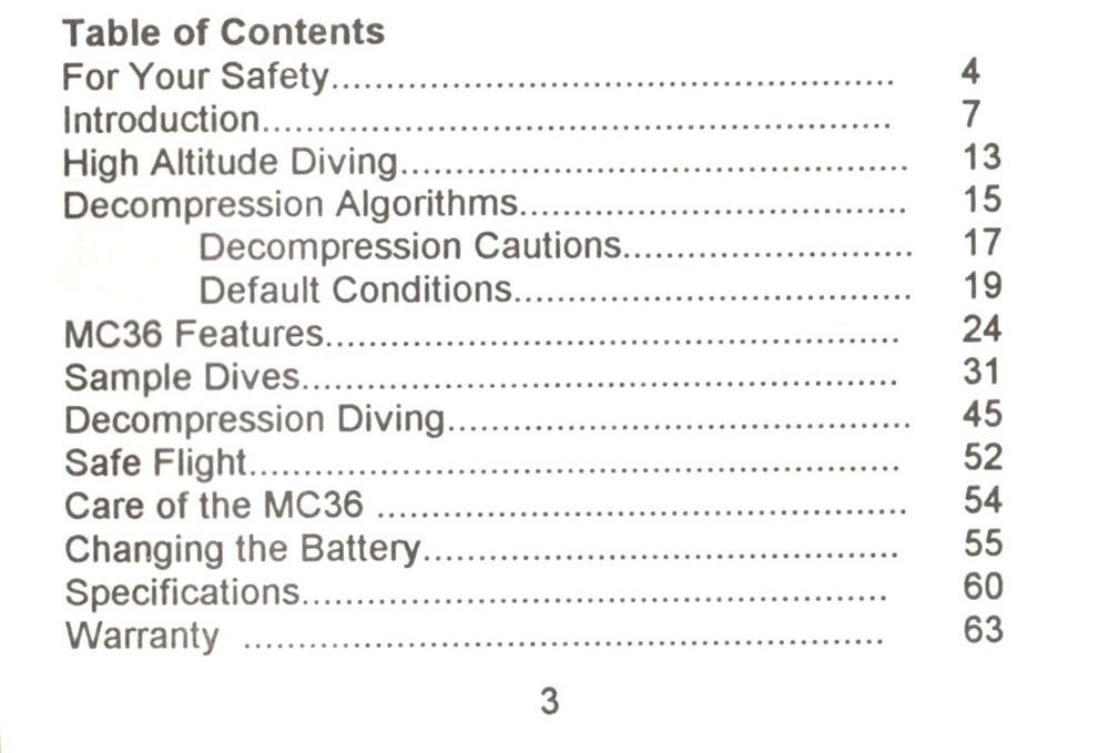 Ocean Edge MC36 Scuba Dive Computer Printed Owner's Manual