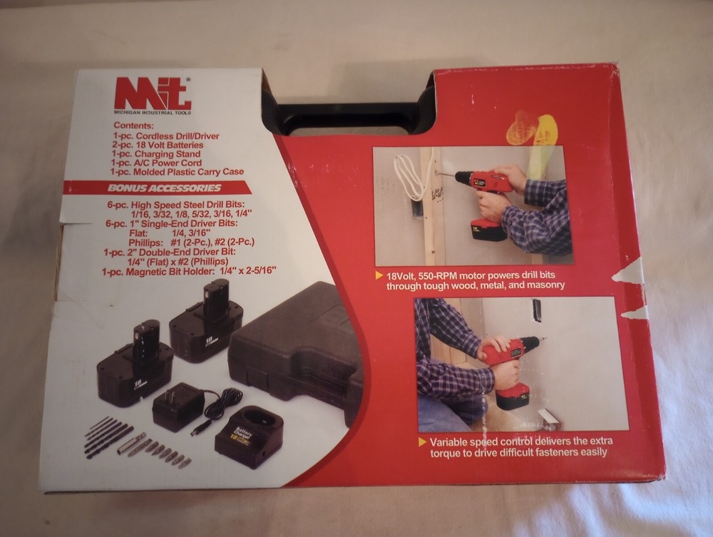 MIT 73247, 18v Variable Speed Cordless Drill Driver Set, Case, Bits, Batteries