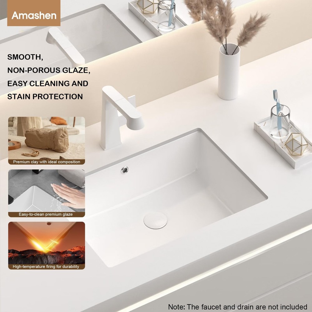 17-Inch Undermount Bathroom Sink, White Ceramic Rectangular Vanity Sink with ...