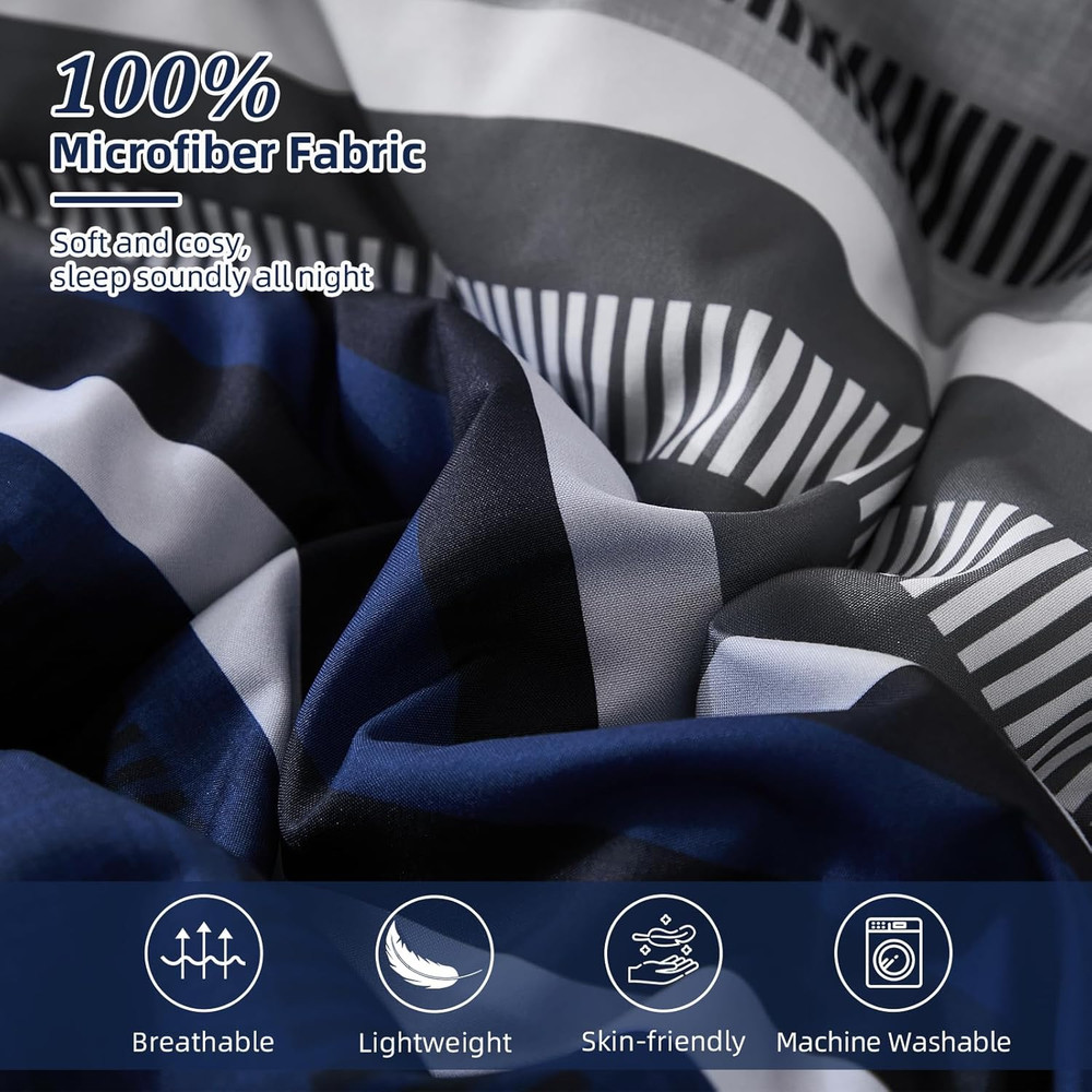 Navy Blue Queen Comforter Set 7 Pieces, Boho Striped Bed in a Bag Queen Size Sof