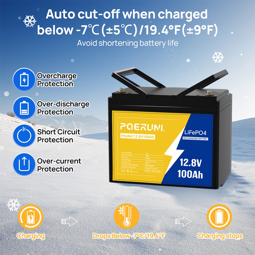POERUNI 12V 100Ah Lithium LiFePO4 Battery 8000+ Deep Cycle for Solar RV Marine