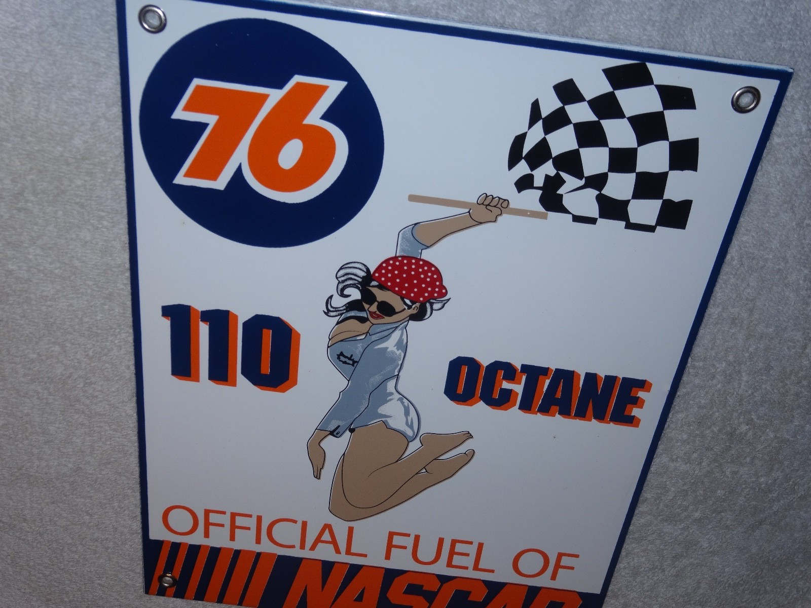 VINTAGE UNION 76 GASOLINE WOMAN +RACING FLAG 12" PORCELAIN METAL NASCAR OIL SIGN