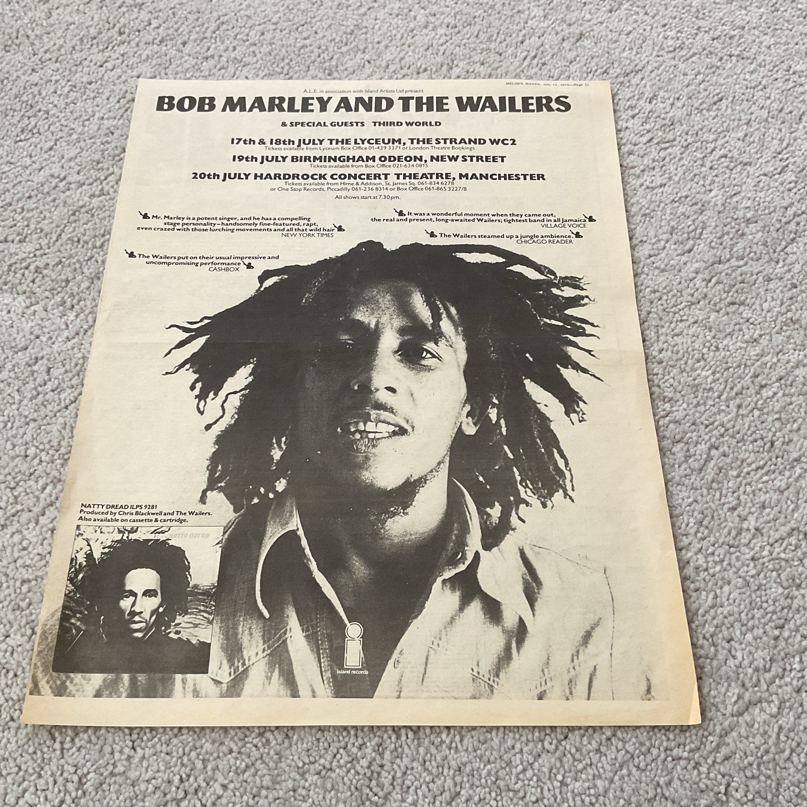 BOB MARLEY & THE WAILERS 1975 1977 UK TOUR & EXODUS LP ORIGINAL POSTER TYPE ADS