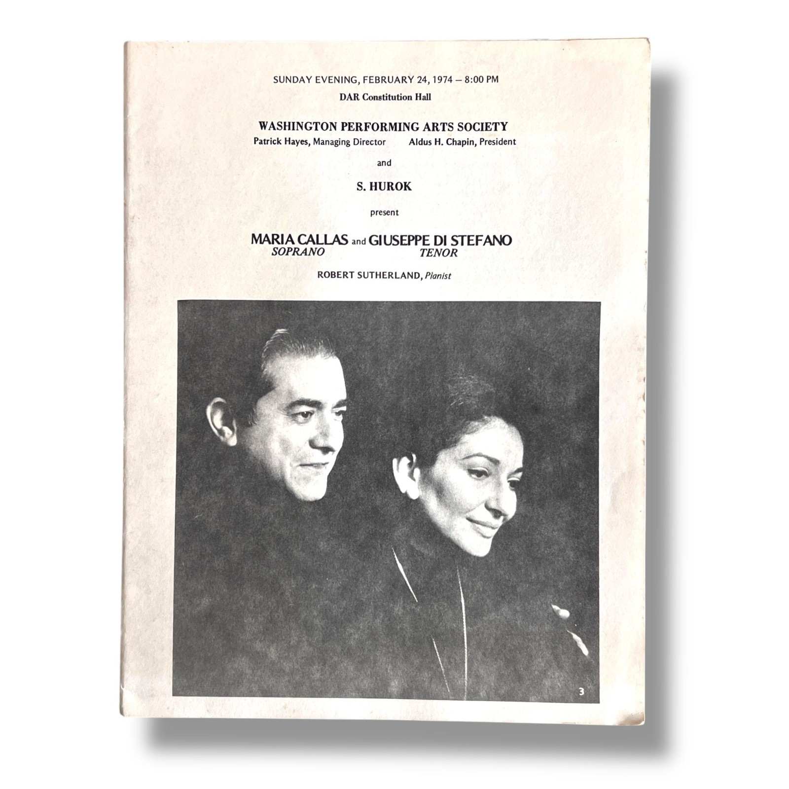1974 An Evening with Maria Callas & Giuseppe Di Steffano Program Washington DC