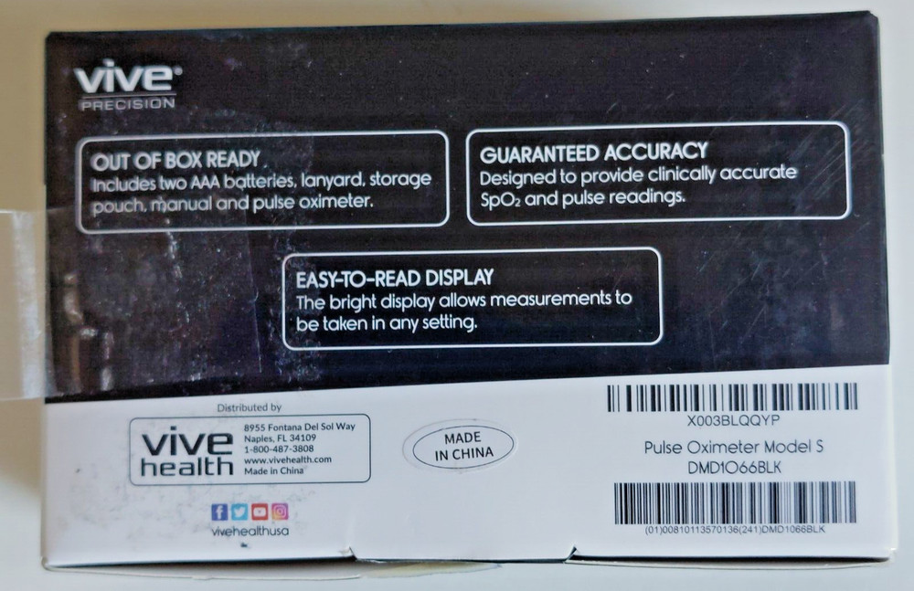 Vive SP02 Pulse Oximeter Model S Fingertip Bluetooth includes Case, Batteries