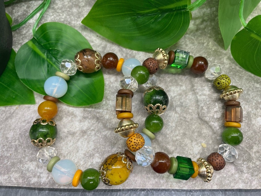 2 PC Handmade Bohemian Beaded Stackable 7” Plus Stretch Bracelet Set New B1679