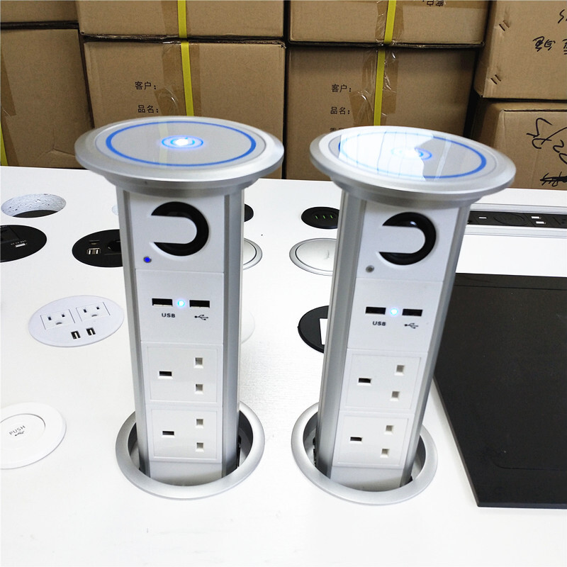 UK Plug Motorized Pop Up Desktop Socket with Speaker Top Wireless Charger