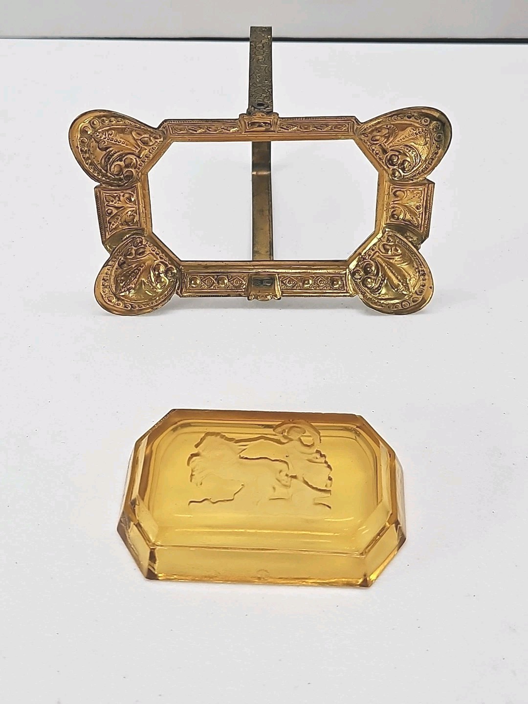 Antique Czech Amber Glass Salt Cellar Intaglio Design Ornate Brass Holder RARE