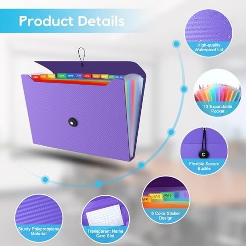 Accordion File Organizer, Expanding File Folder for Sorting Documents Purple