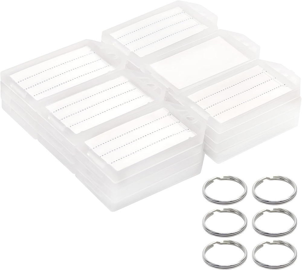 White Plastic Key Tags with Labels - 60 Pack Tough Key Chain Tag Rectangle ID Id