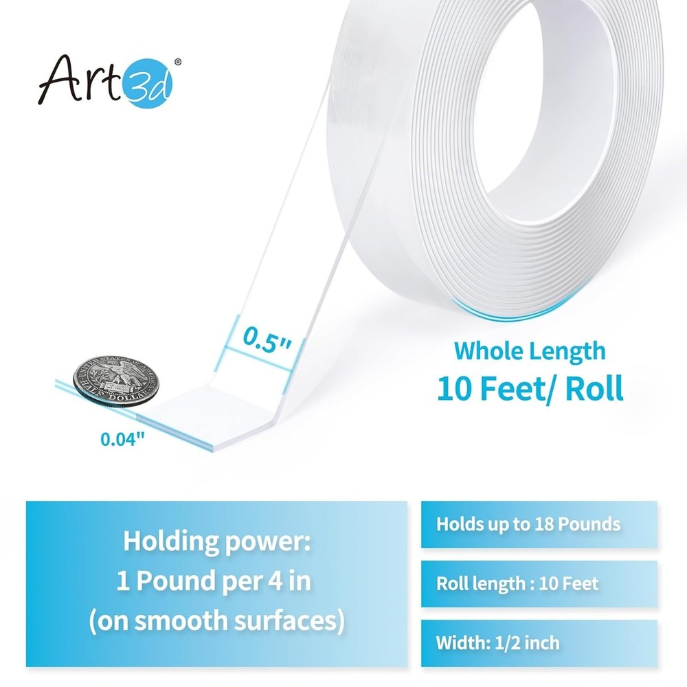 Versatile Double-Sided Tape 10FT - Removable, Eco-Friendly, and Multi-Surface