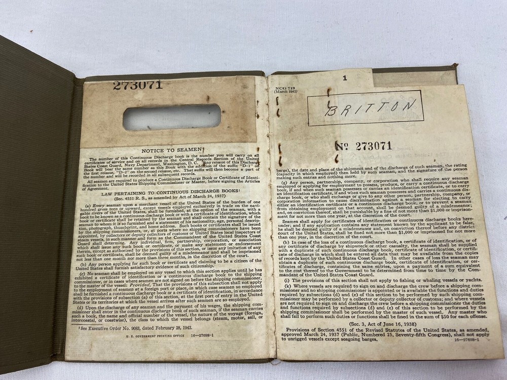WWII 1943 US Coast Guard Named Continuous Discharge Book